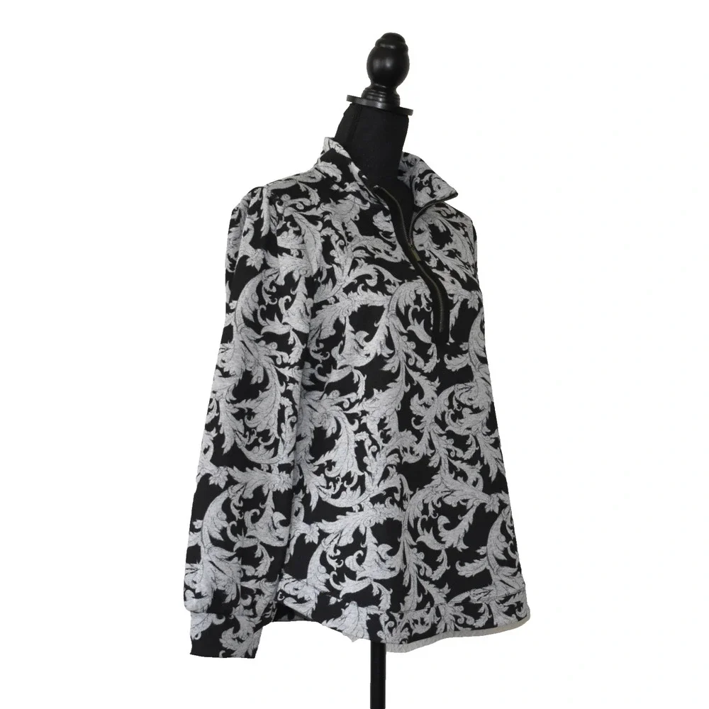 A3 NWOT SOFT SURROUNDINGS Winona Black & Gray Leaf Half Zip Pullover Top Size L
